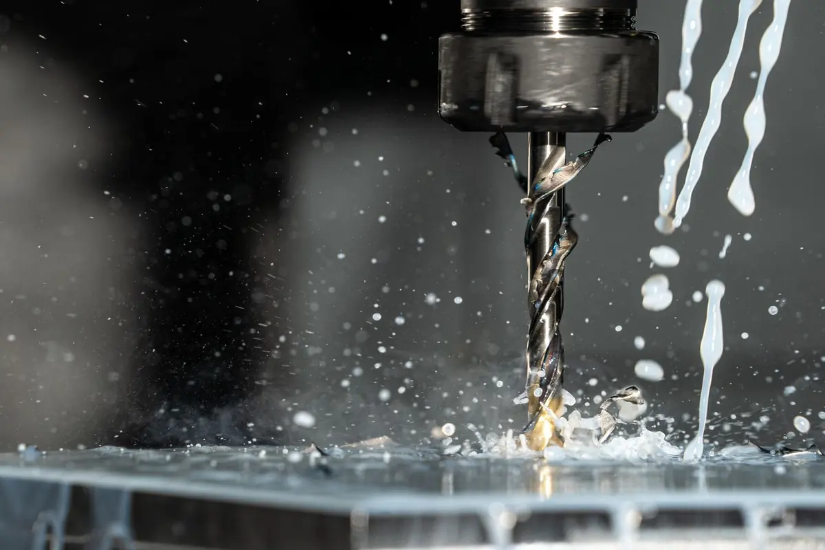 CNC machine drilling metal with coolant